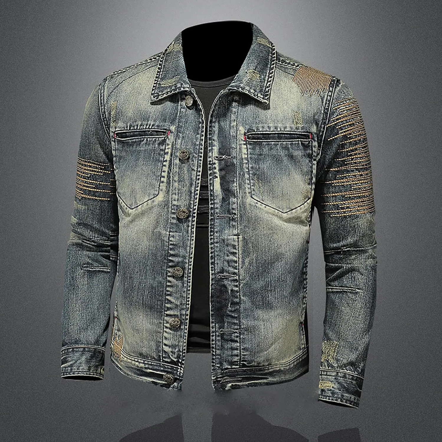 Denim Jacket for Man Collar Long Sleeve Outfits Button Down Fall Plus Size Slim Basic Western Coat Ripped Cardigan 2025