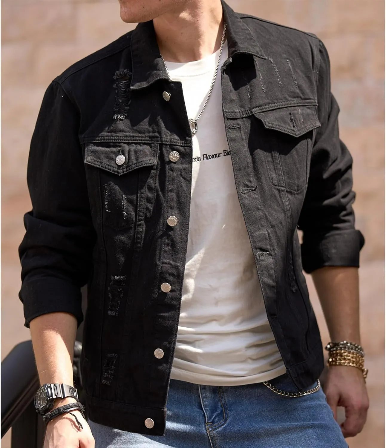 Denim Jacket for Man Collar Long Sleeve Outfits Button Down Fall Plus Size Slim Basic Western Coat Ripped Cardigan 2025