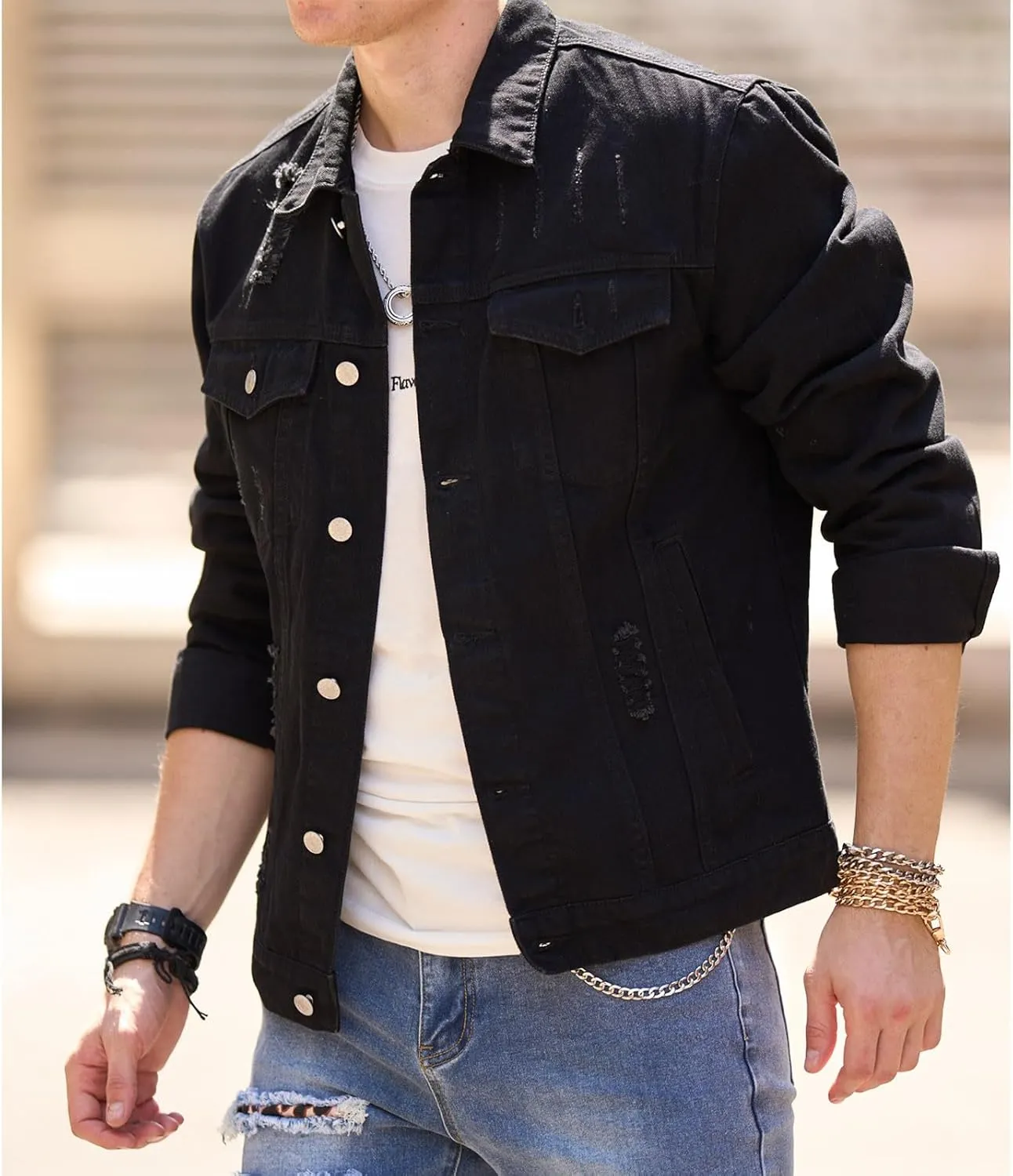 Denim Jacket for Man Collar Long Sleeve Outfits Button Down Fall Plus Size Slim Basic Western Coat Ripped Cardigan 2025