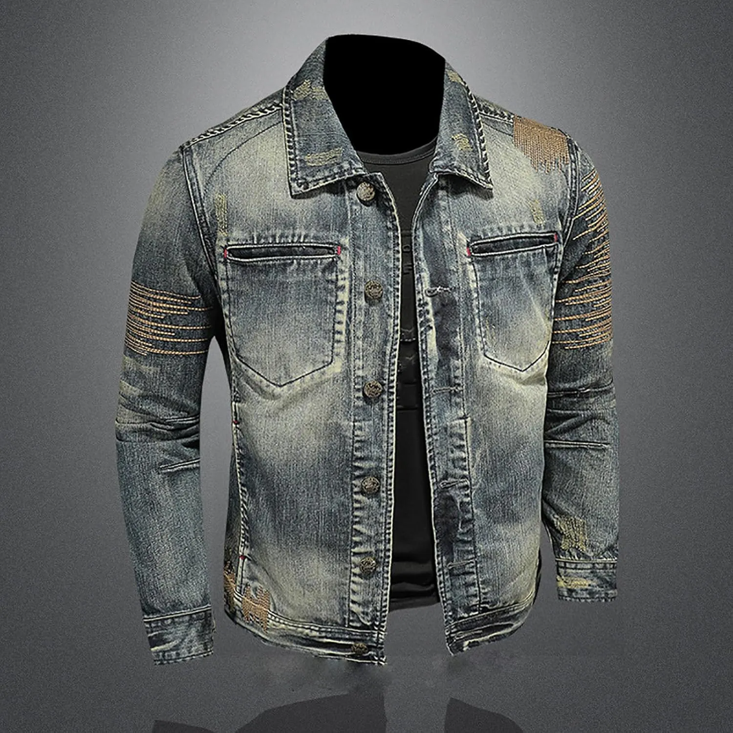 Denim Jacket for Man Collar Long Sleeve Outfits Button Down Fall Plus Size Slim Basic Western Coat Ripped Cardigan 2025