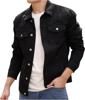 Denim Jacket for Man Collar Long Sleeve Outfits Button Down Fall Plus Size Slim Basic Western Coat Ripped Cardigan 2025