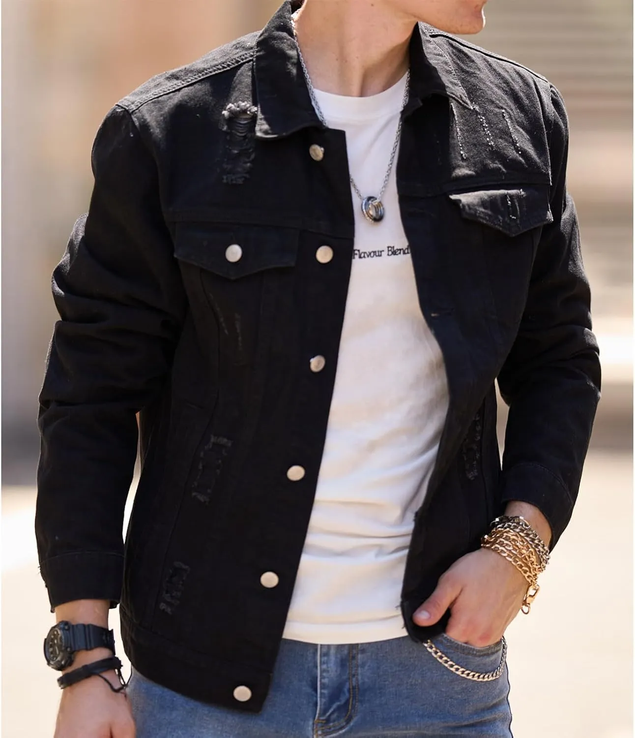 Denim Jacket for Man Collar Long Sleeve Outfits Button Down Fall Plus Size Slim Basic Western Coat Ripped Cardigan 2025