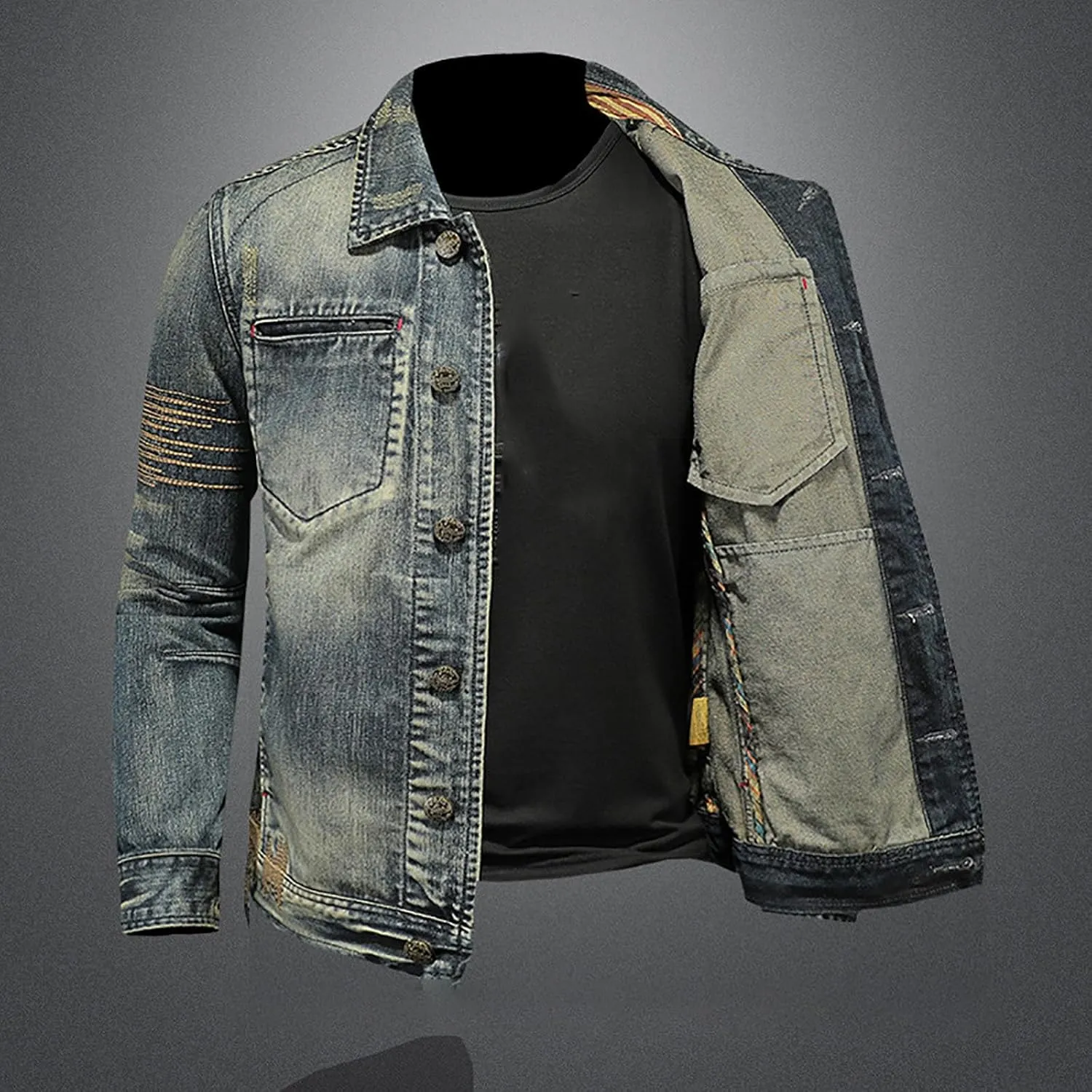 Denim Jacket for Man Collar Long Sleeve Outfits Button Down Fall Plus Size Slim Basic Western Coat Ripped Cardigan 2025