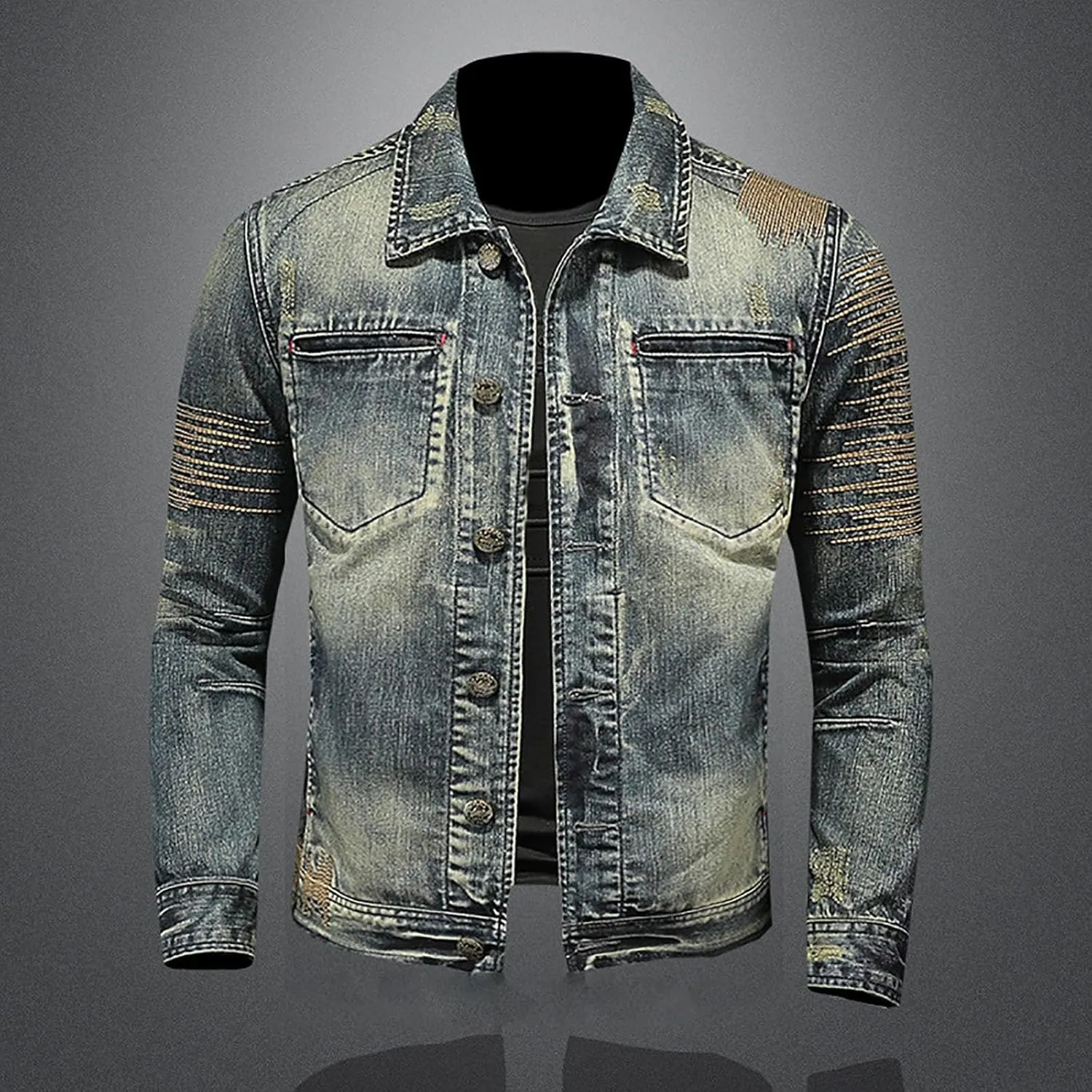 Denim Jacket for Man Collar Long Sleeve Outfits Button Down Fall Plus Size Slim Basic Western Coat Ripped Cardigan 2025