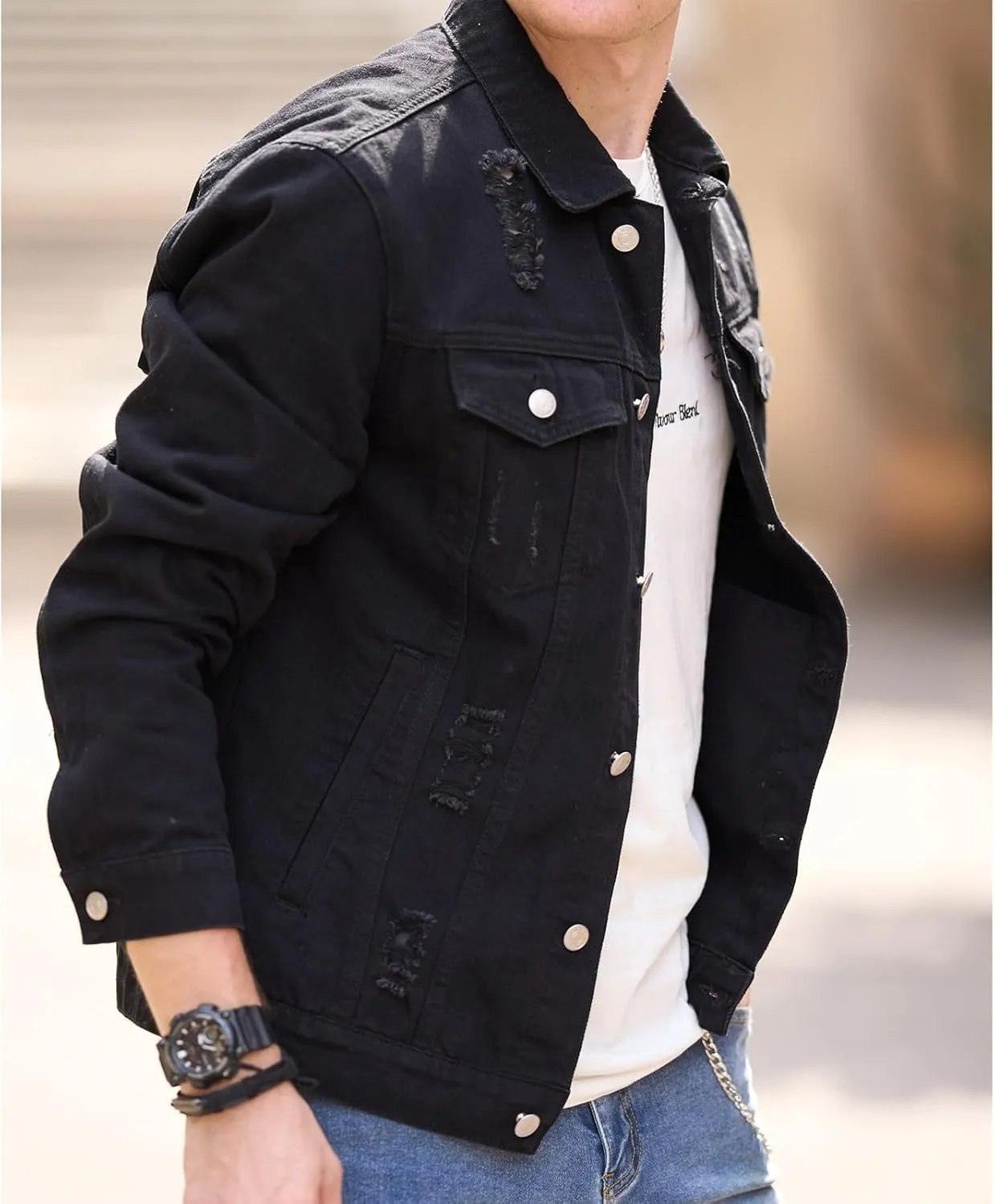 Denim Jacket for Man Collar Long Sleeve Outfits Button Down Fall Plus Size Slim Basic Western Coat Ripped Cardigan 2025