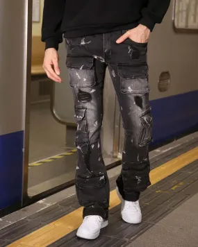 Distressed Painted Black Cargo Jeans with Multiple Pockets-Mexico Local Delivery