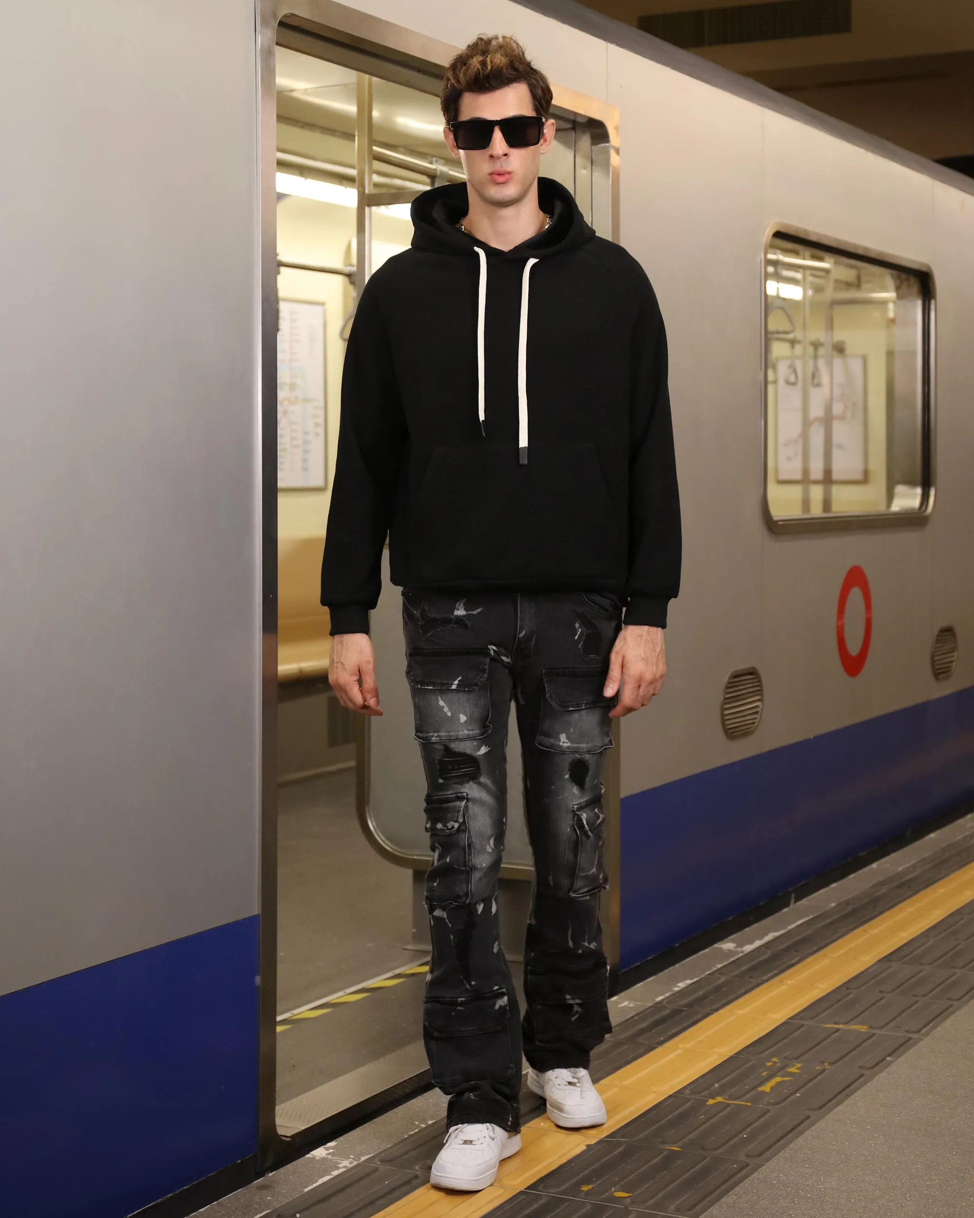 Distressed Painted Black Cargo Jeans with Multiple Pockets-Mexico Local Delivery