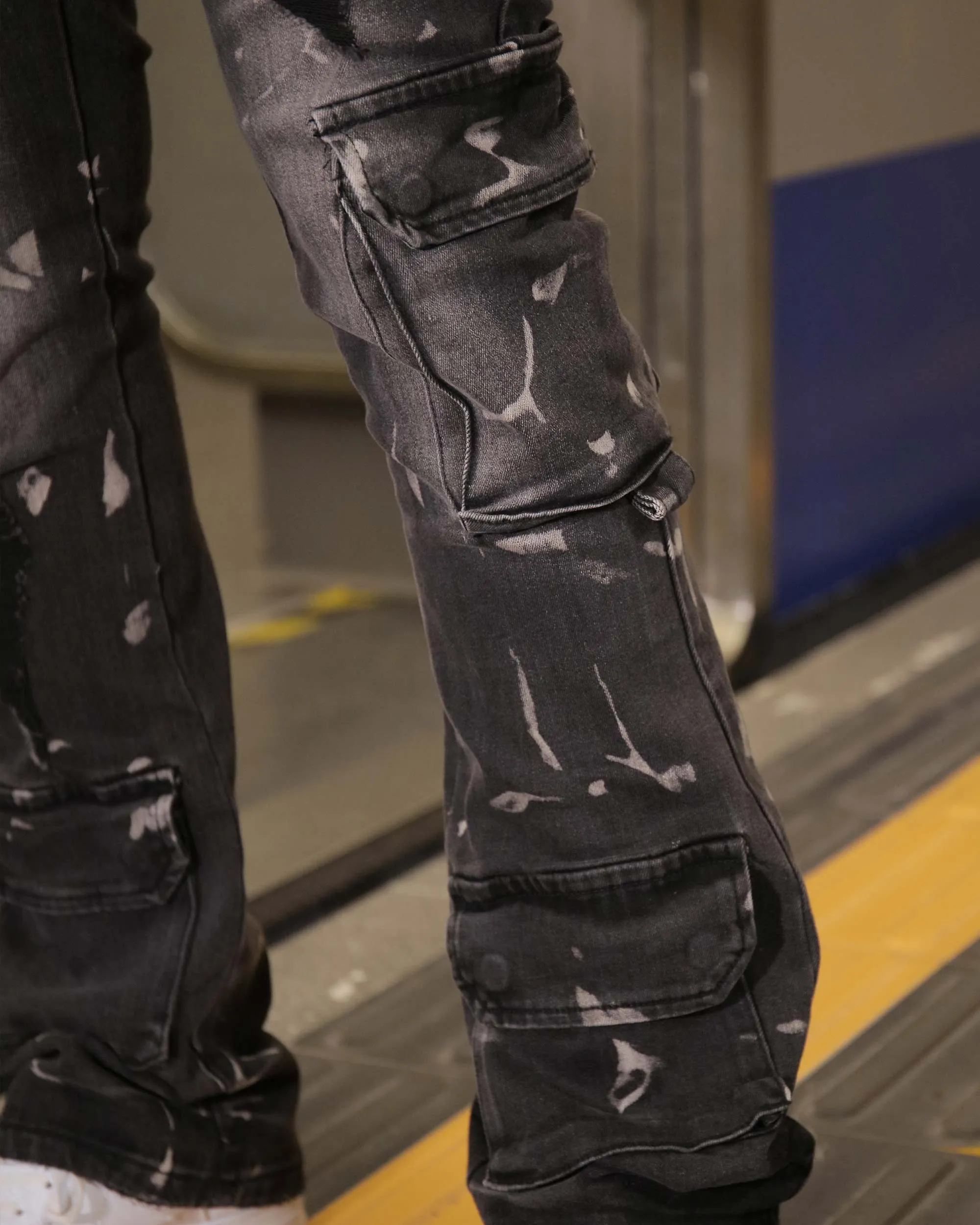 Distressed Painted Black Cargo Jeans with Multiple Pockets-Mexico Local Delivery