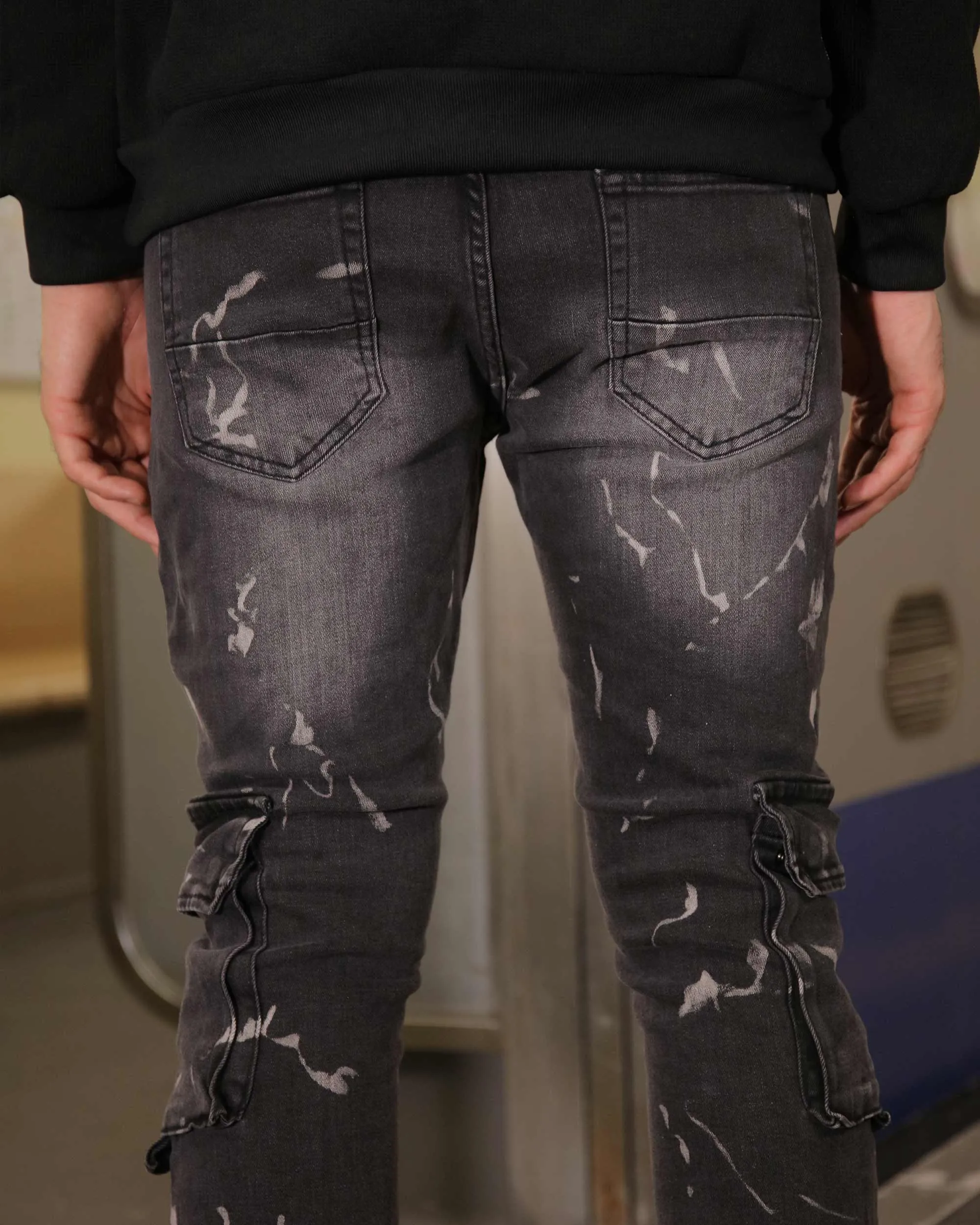 Distressed Painted Black Cargo Jeans with Multiple Pockets-Mexico Local Delivery