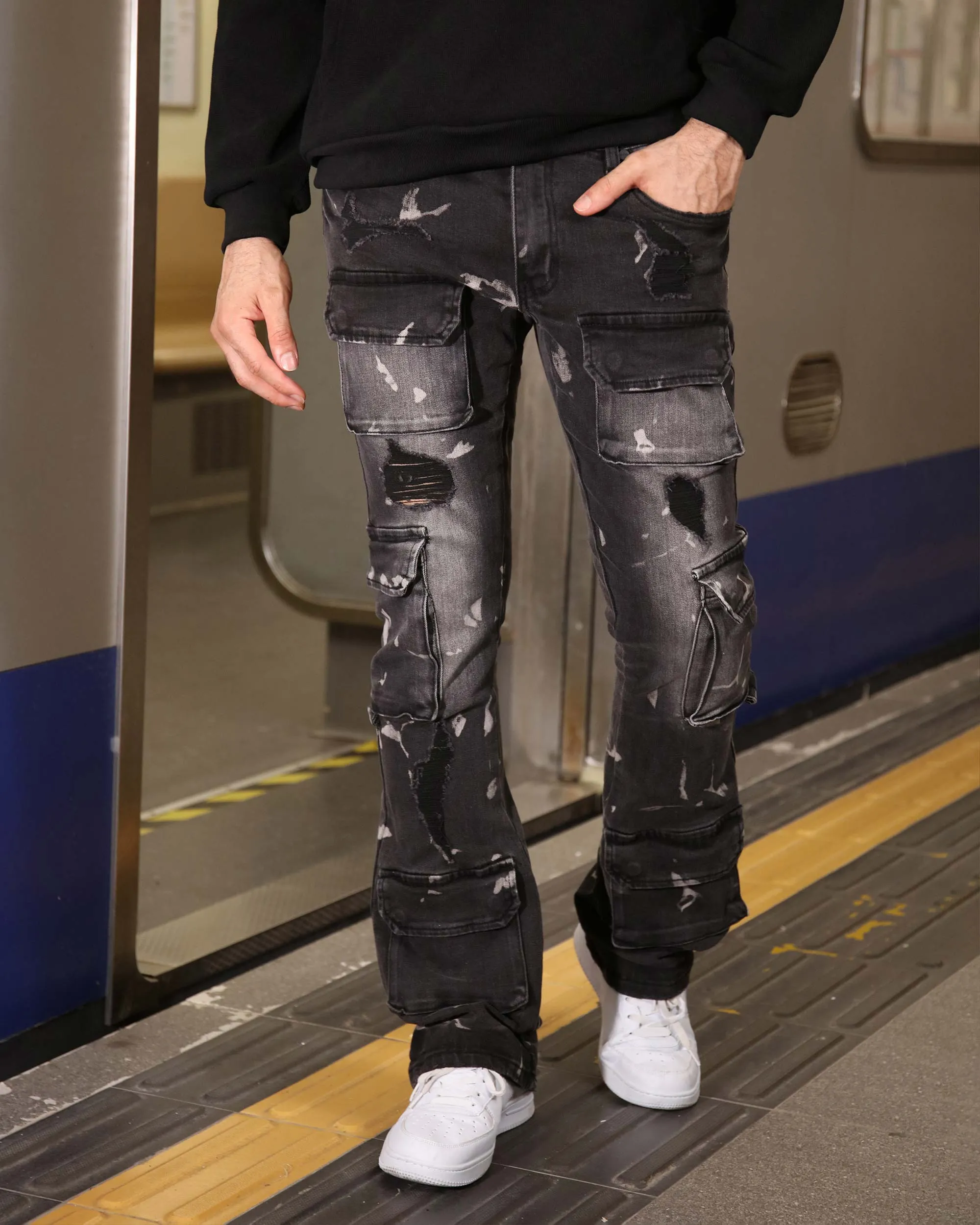 Distressed Painted Black Cargo Jeans with Multiple Pockets-Mexico Local Delivery