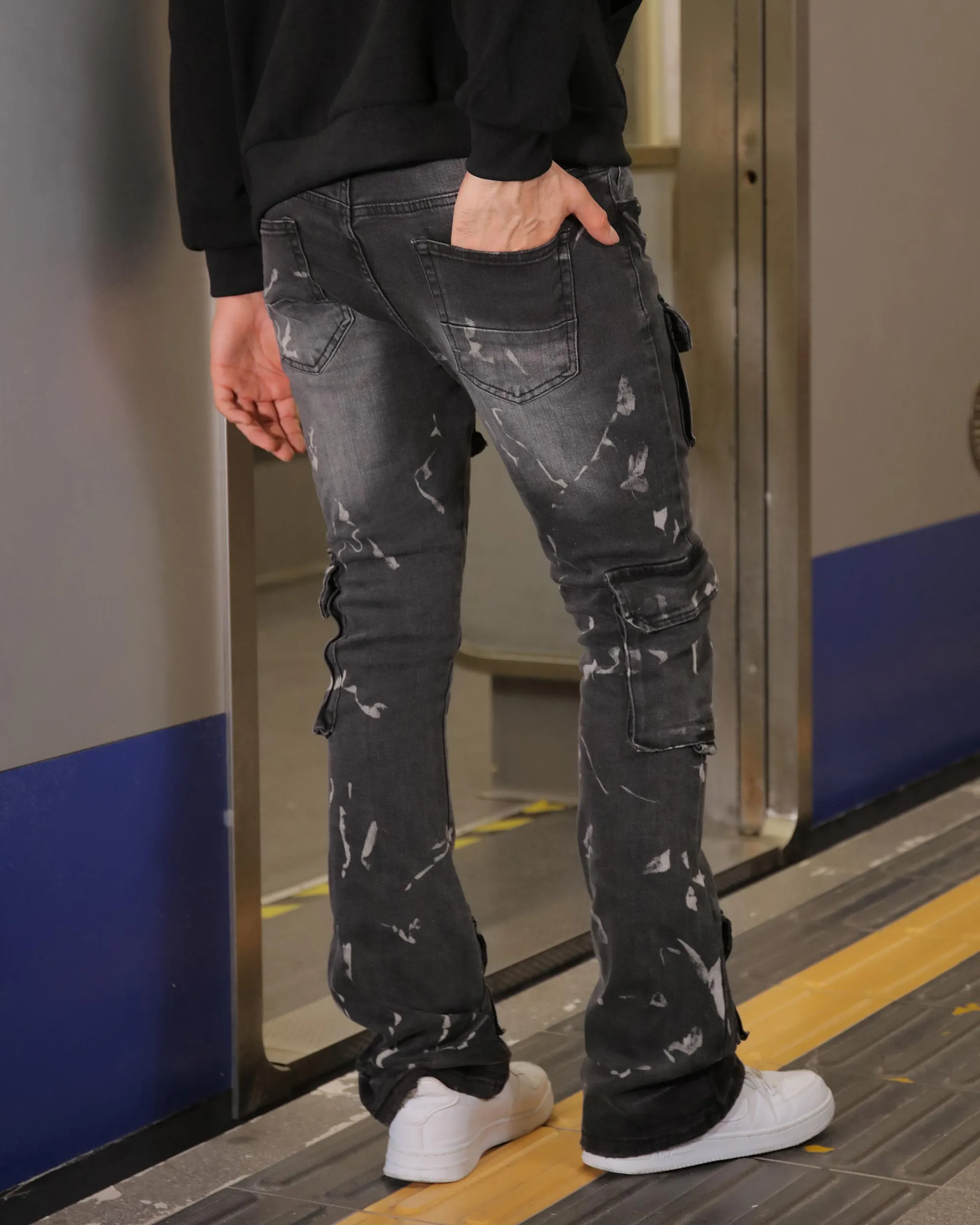 Distressed Painted Black Cargo Jeans with Multiple Pockets-Mexico Local Delivery