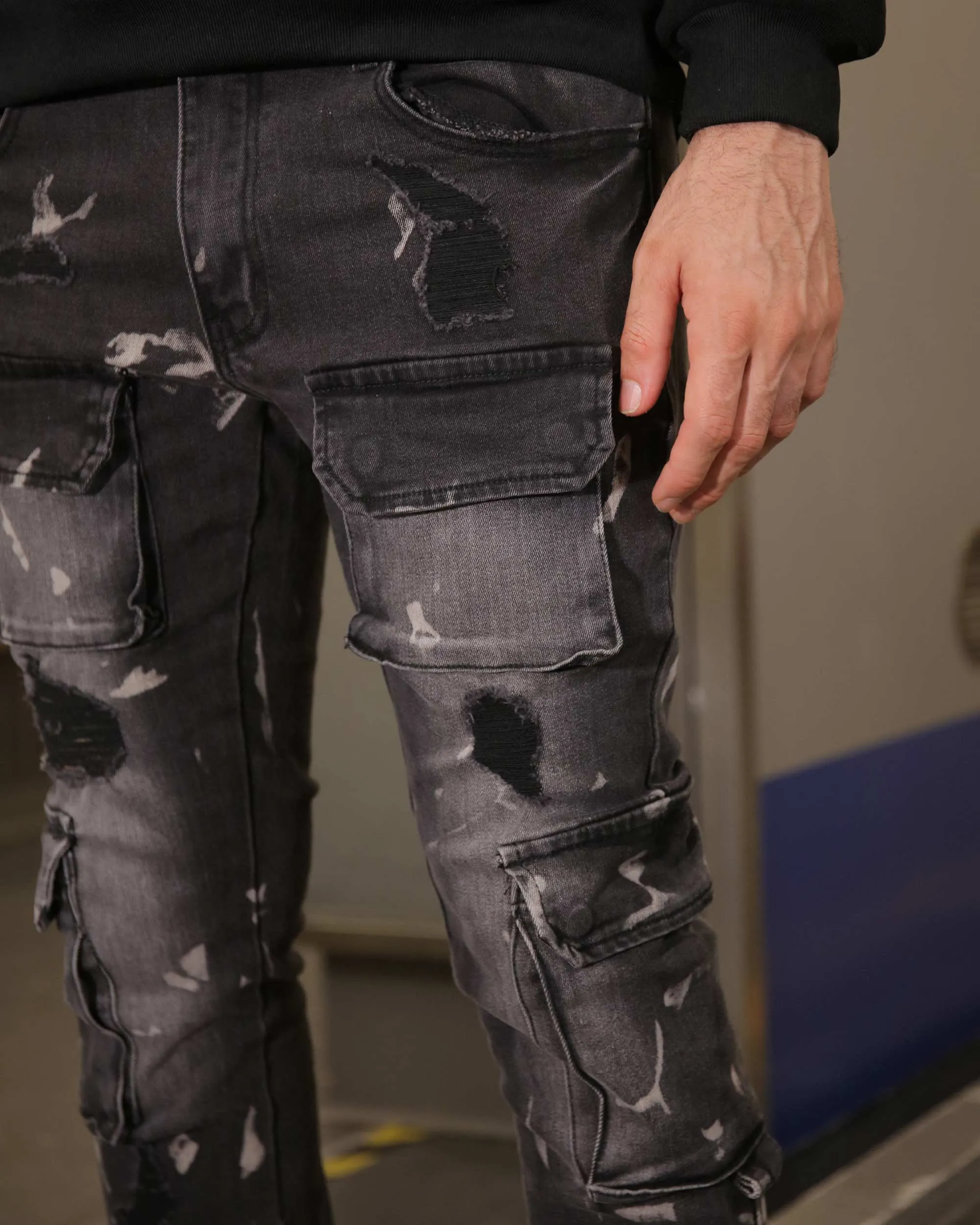 Distressed Painted Black Cargo Jeans with Multiple Pockets-Mexico Local Delivery
