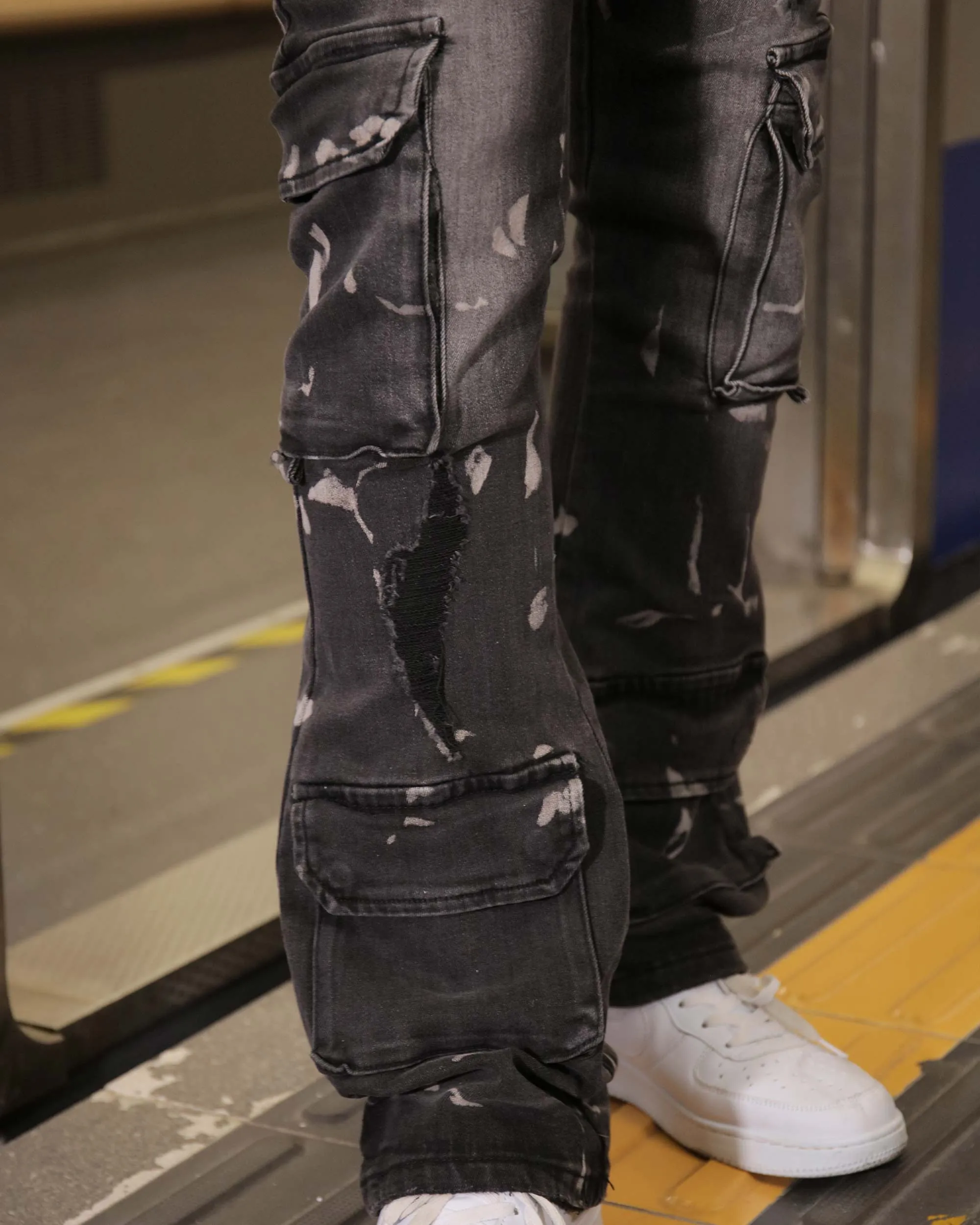 Distressed Painted Black Cargo Jeans with Multiple Pockets-Mexico Local Delivery