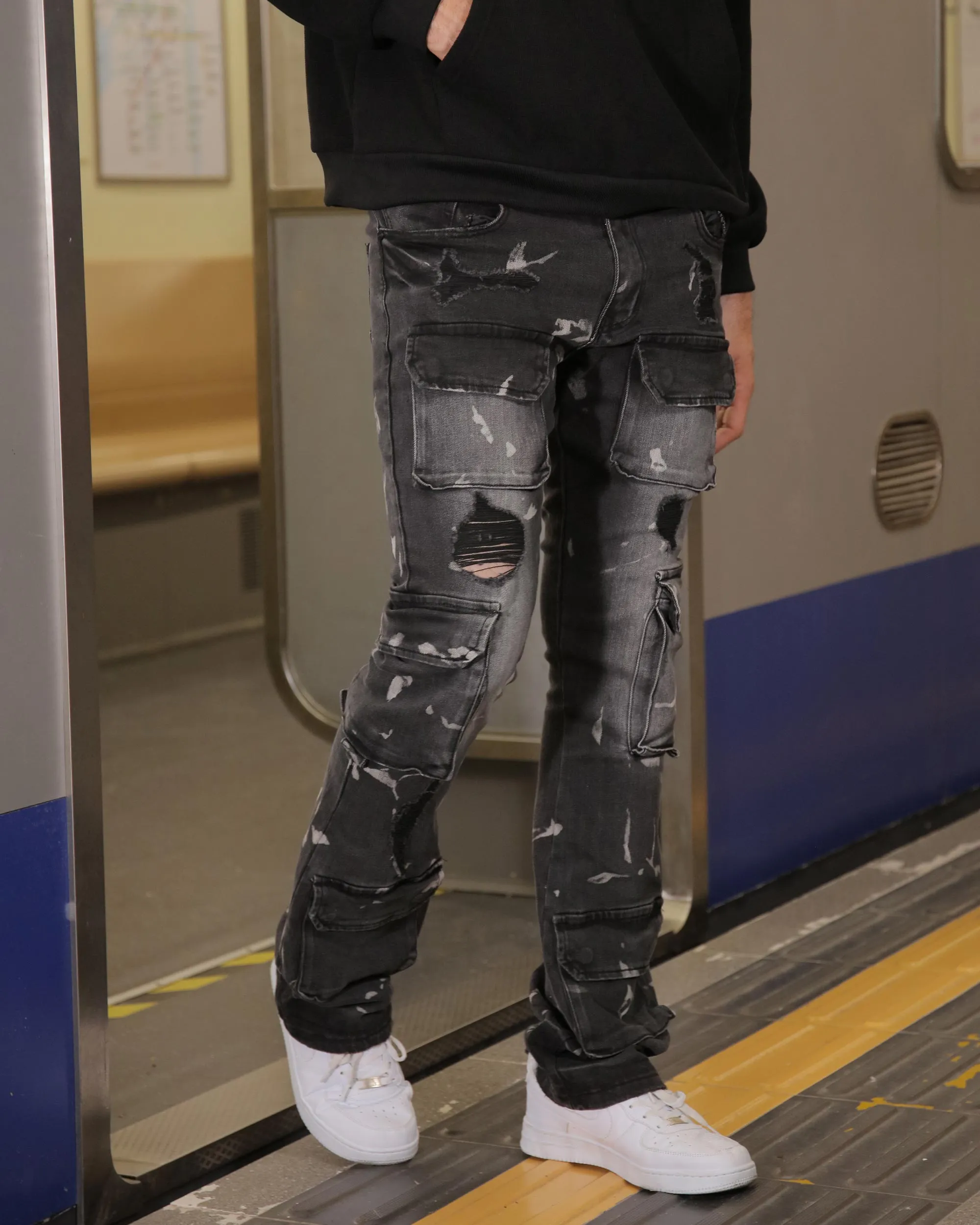 Distressed Painted Black Cargo Jeans with Multiple Pockets-Mexico Local Delivery
