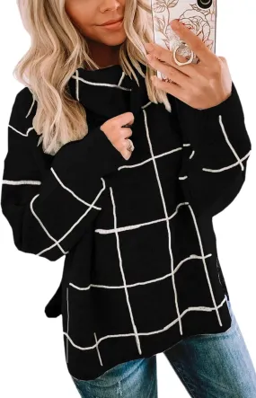 ECOWISH Women Fall Pullover Sweaters Turtleneck Long Sleeve Loose Casual Chunky Checked Knit Winter Sweaters Jumper Tops 014black XL