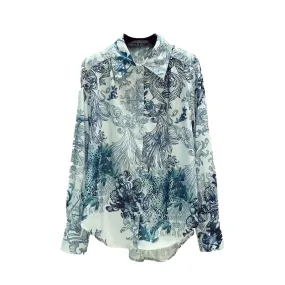 Fashion Floral Print Long Sleeve Loose Satin Silk Shirt