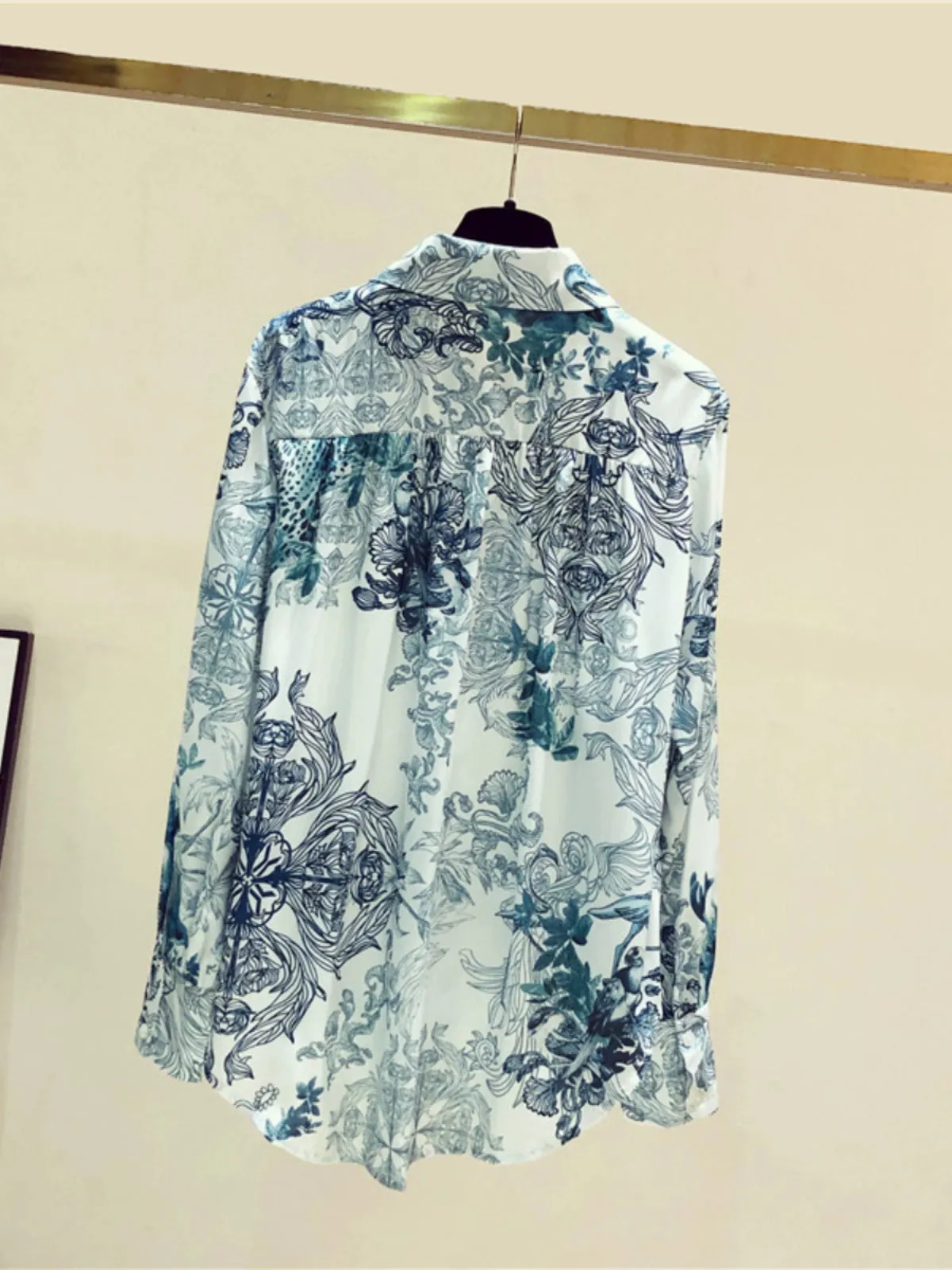 Fashion Floral Print Long Sleeve Loose Satin Silk Shirt