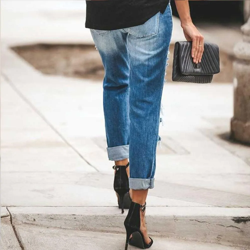 FashionSierra - Women's mid rise sexy straight leg ripped jeans cuffed jeans with holes