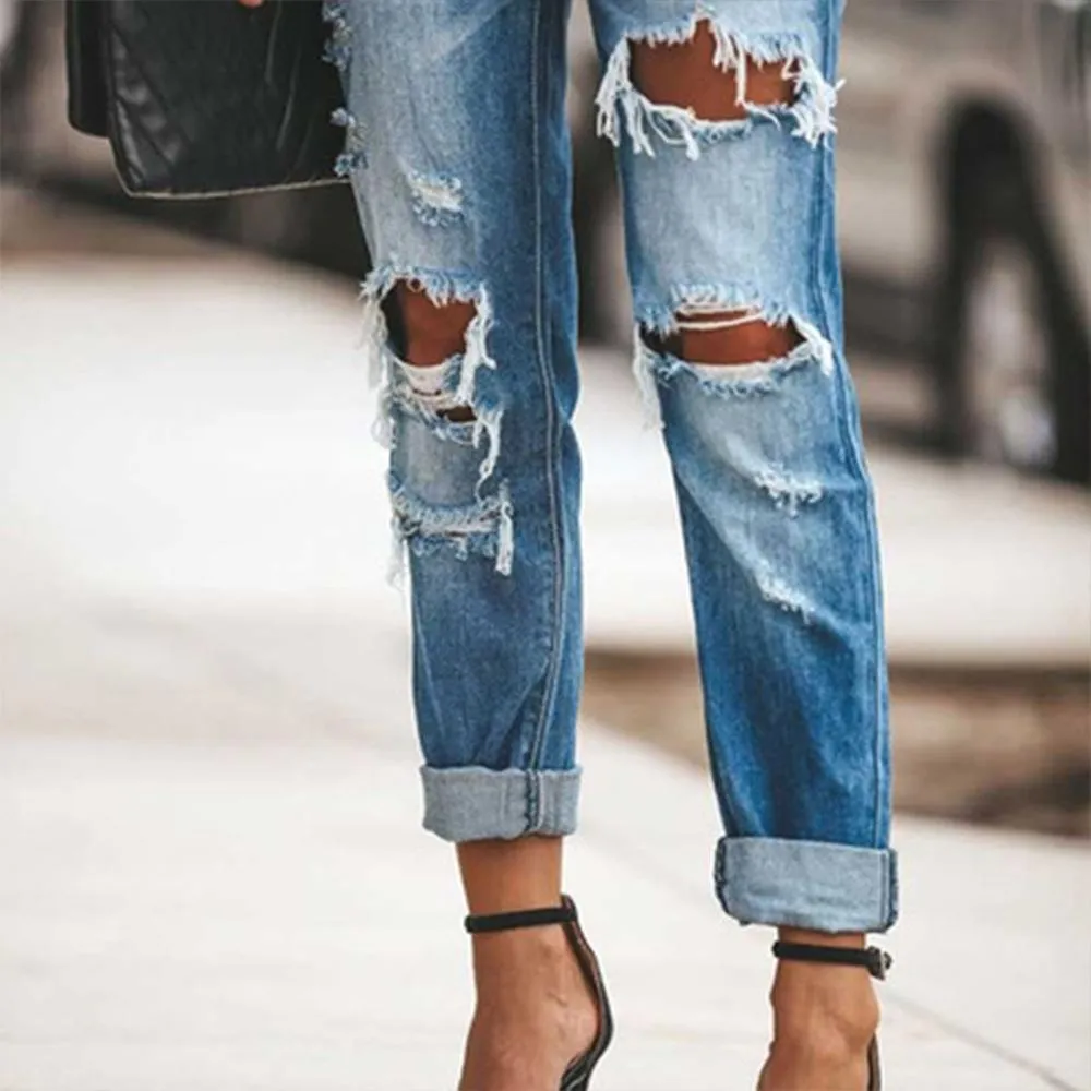 FashionSierra - Women's mid rise sexy straight leg ripped jeans cuffed jeans with holes