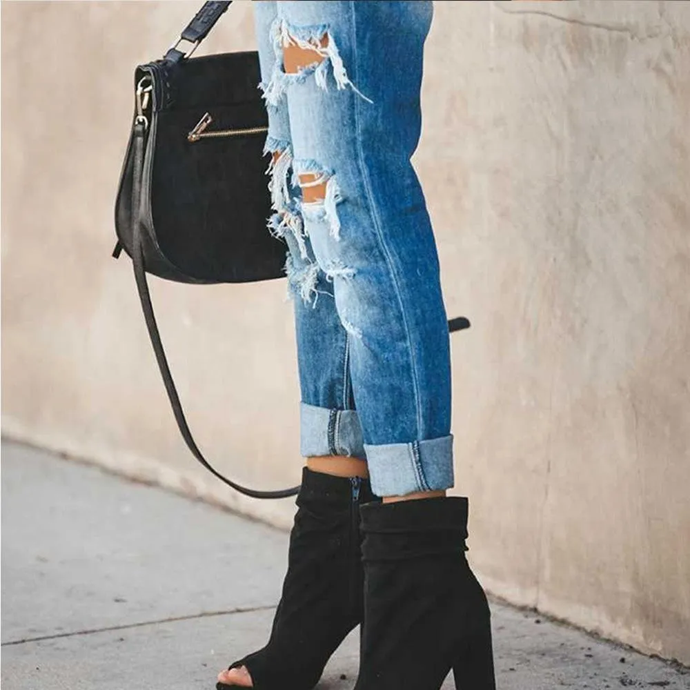 FashionSierra - Women's mid rise sexy straight leg ripped jeans cuffed jeans with holes