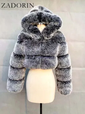 Faux Fur Vintage Cropped Solid Color Long Sleeve Women's Hooded Jacket
