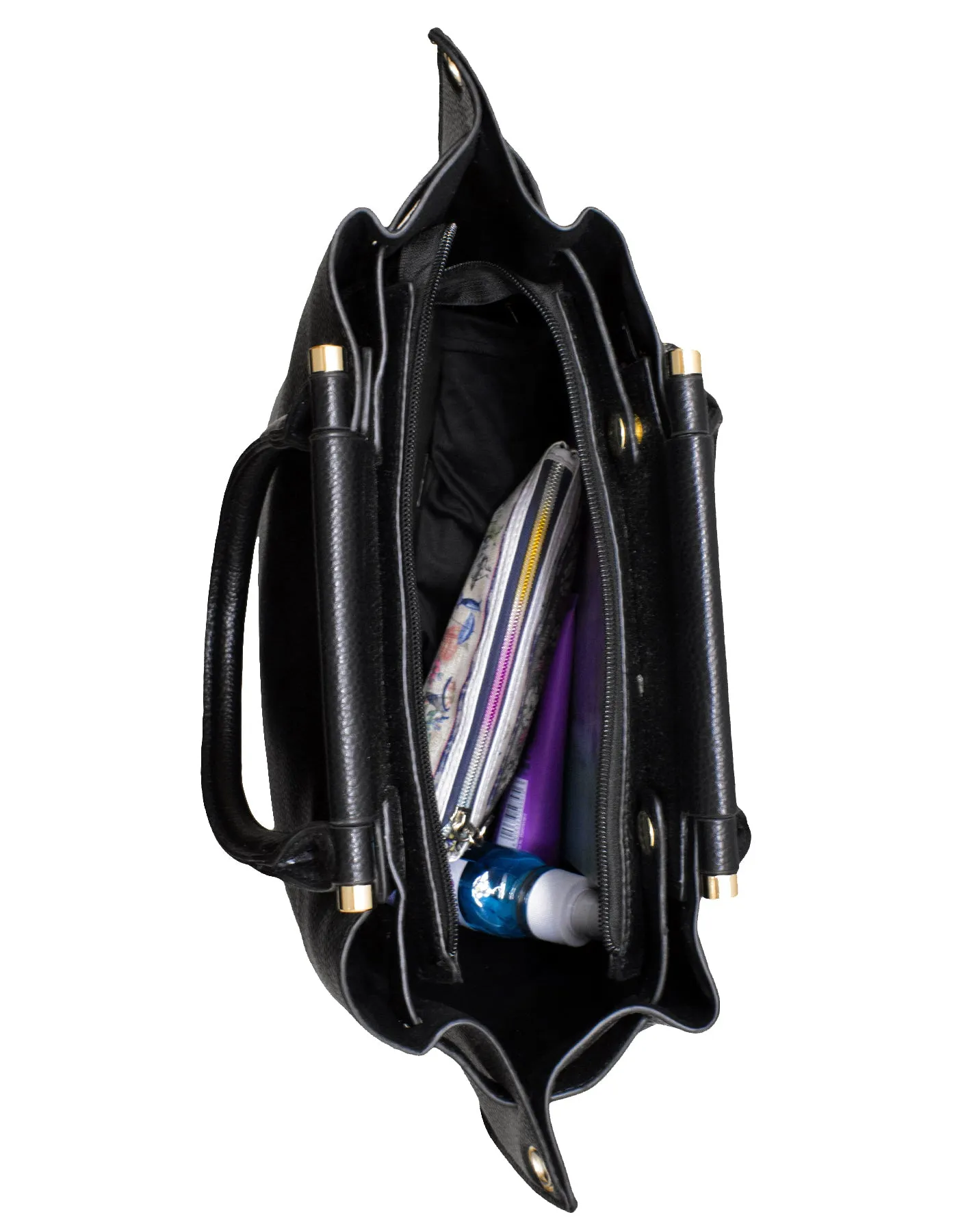 Fino 2826 51125 Faux Leather Stud Design Zip Handbag with Purse - Black