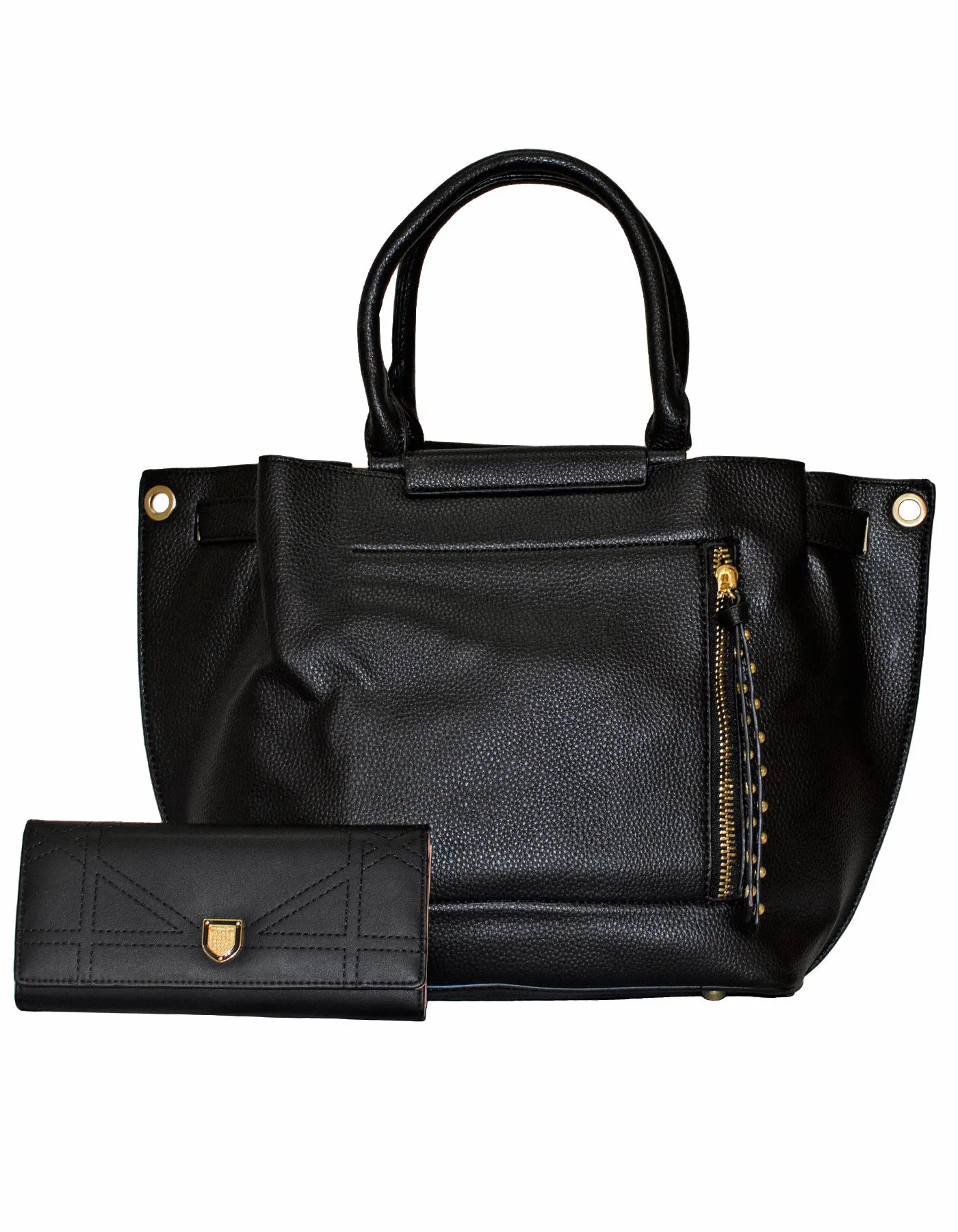 Fino 2826 51125 Faux Leather Stud Design Zip Handbag with Purse - Black