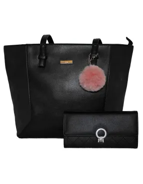 Fino G-9107 6119 Faux Leather Tote and Removable Pom & Purse Set - Black