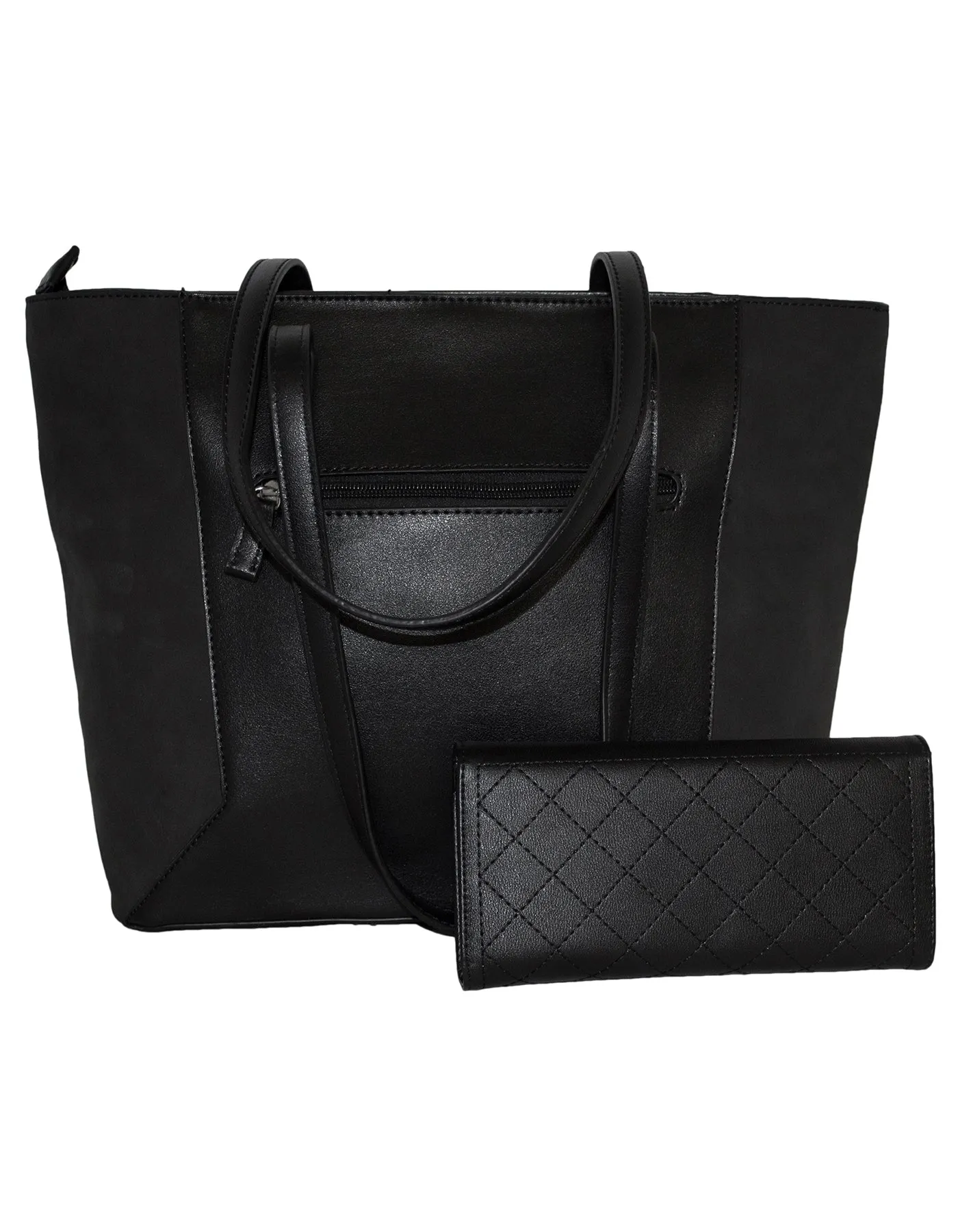 Fino G-9107 6119 Faux Leather Tote and Removable Pom & Purse Set - Black