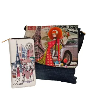Fino SK-1601-A1 1602 Denim Vintage Paris Design Crossbody Sling Bag & Purse Set
