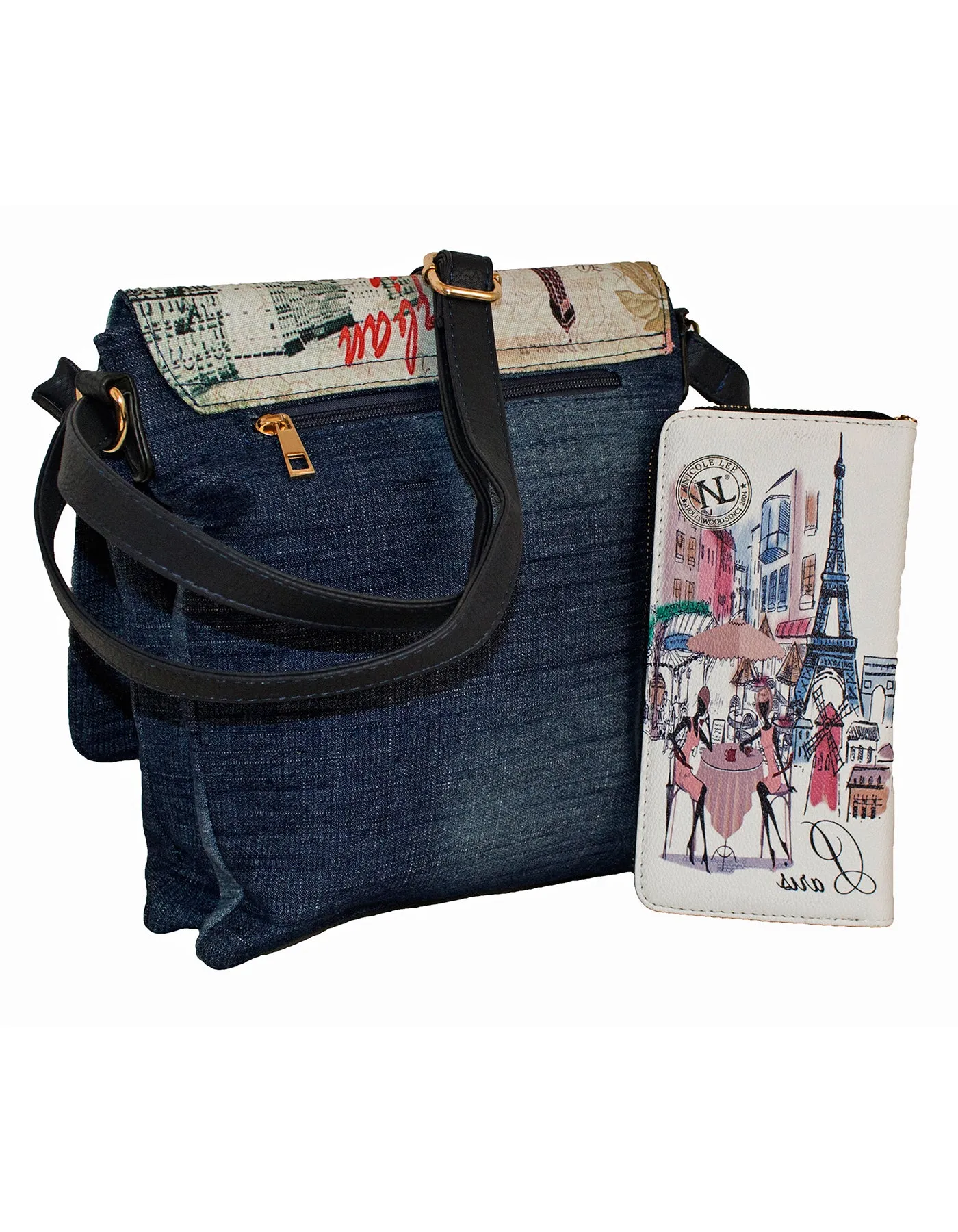 Fino SK-1601-A1 1602 Denim Vintage Paris Design Crossbody Sling Bag & Purse Set