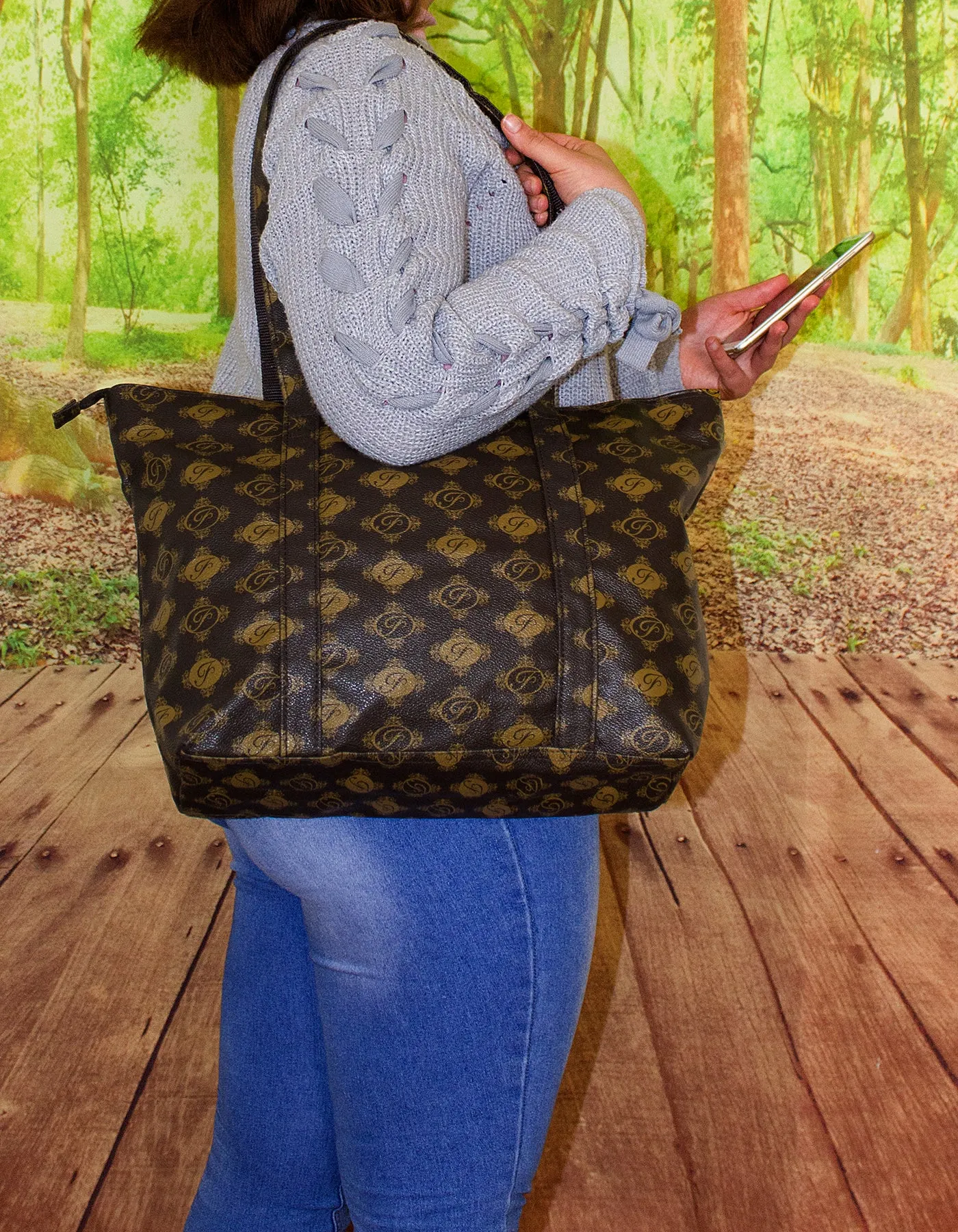 Fino SK-7744 Designer Print Faux Leather Shoulder Bag- Brown