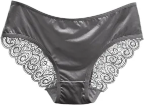 Franterd Seamless Satin Underwear for Women Mesh Lace Low Waist No Show Panties Ladies Lace Bikini Cheeky Hipster Briefs