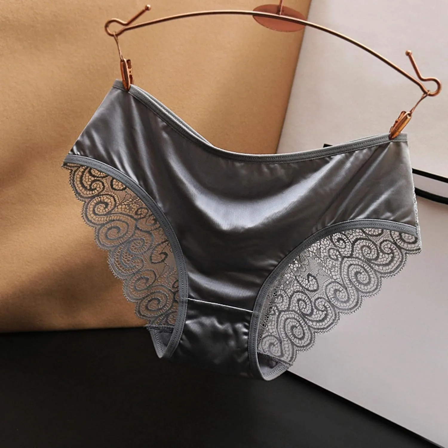 Franterd Seamless Satin Underwear for Women Mesh Lace Low Waist No Show Panties Ladies Lace Bikini Cheeky Hipster Briefs