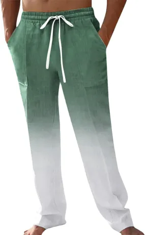 GIERIDUC Men Casual Linen Pants Hippie Drawstring Yoga Pants Elastic Waist Lightweight Trouser Casual Ombre Summer Beach Pant