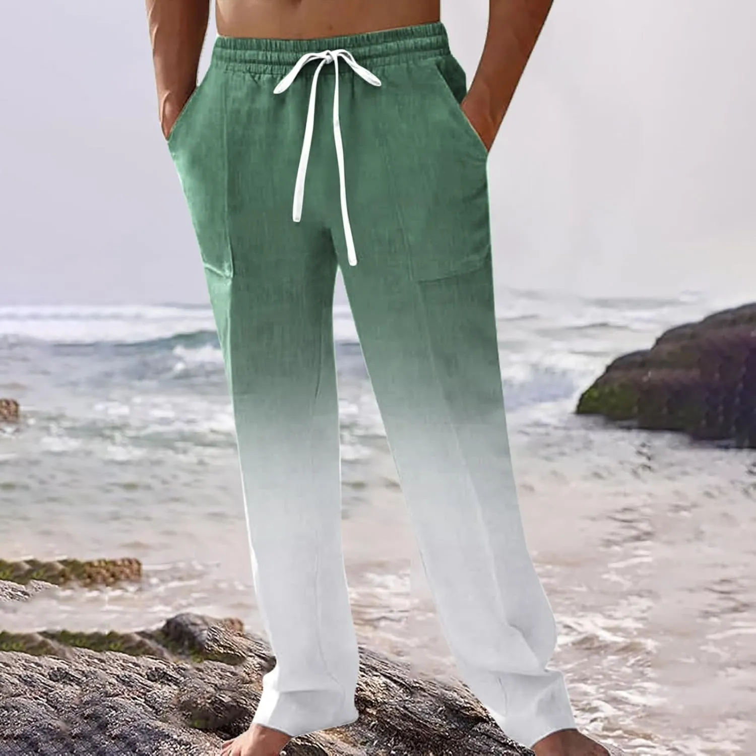 GIERIDUC Men Casual Linen Pants Hippie Drawstring Yoga Pants Elastic Waist Lightweight Trouser Casual Ombre Summer Beach Pant