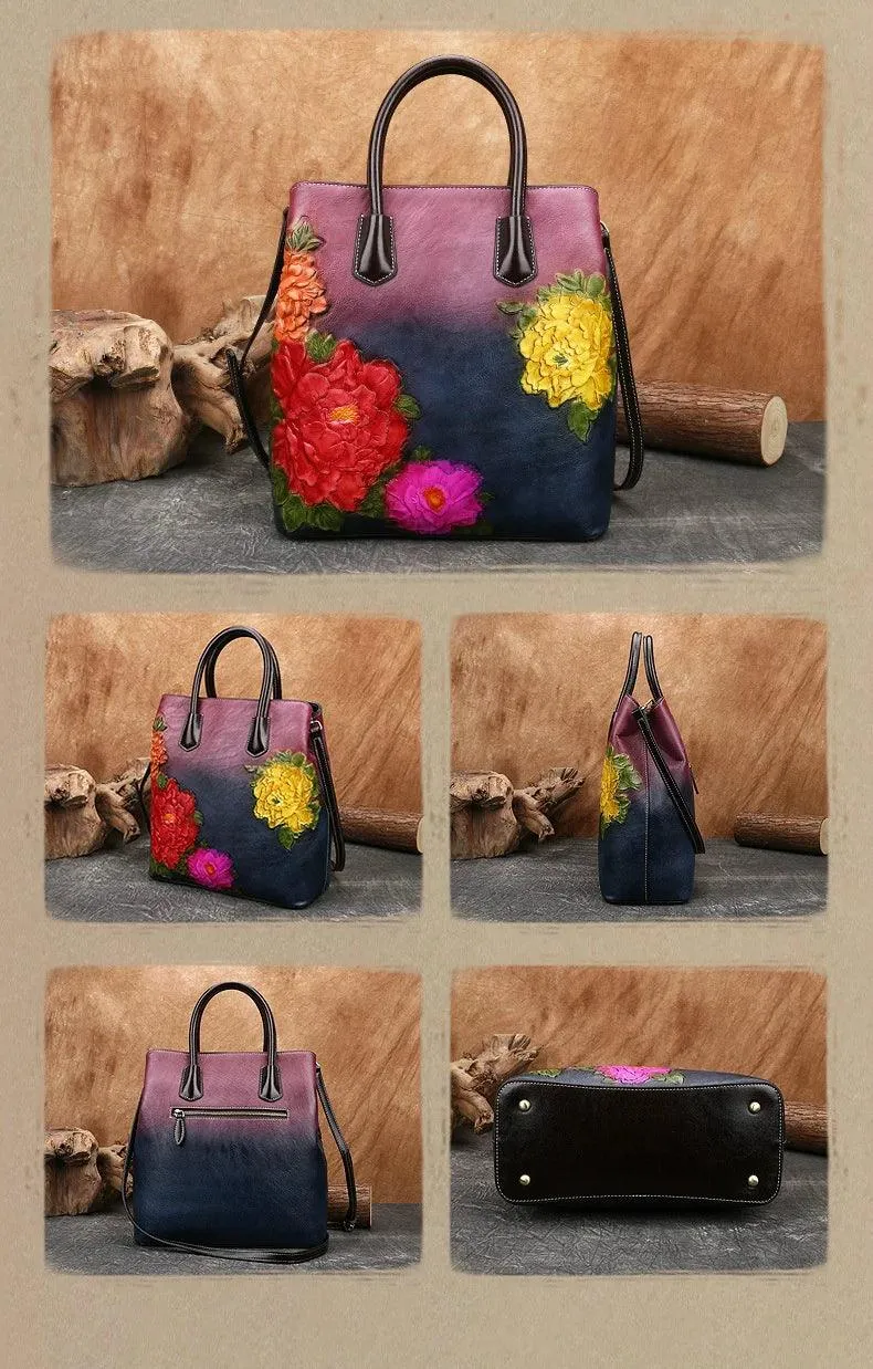 Handmade Floral Embossed Leather Handbag Tote Bag Luxury