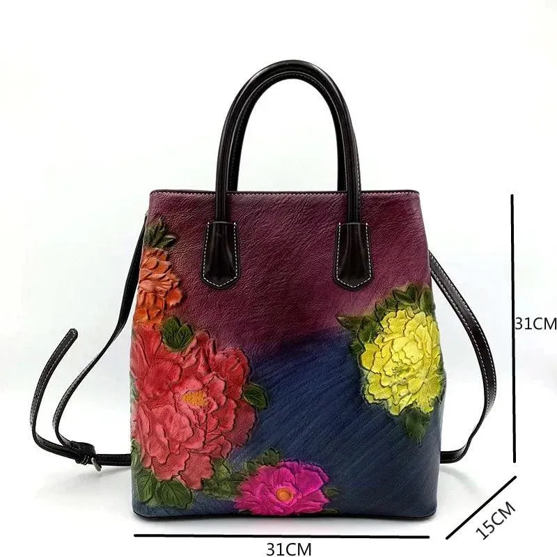 Handmade Floral Embossed Leather Handbag Tote Bag Luxury