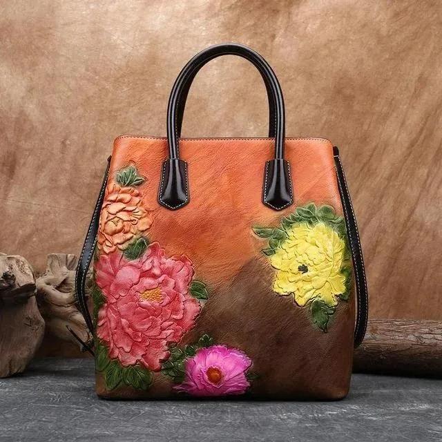 Handmade Floral Embossed Leather Handbag Tote Bag Luxury