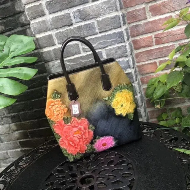 Handmade Floral Embossed Leather Handbag Tote Bag Luxury