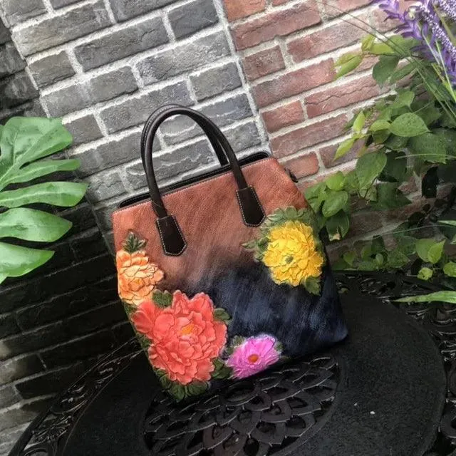Handmade Floral Embossed Leather Handbag Tote Bag Luxury