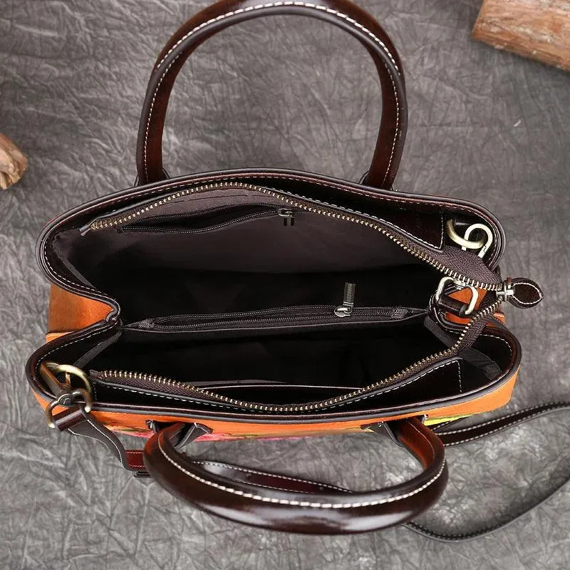 Handmade Floral Embossed Leather Handbag Tote Bag Luxury