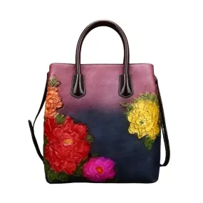 Handmade Floral Embossed Leather Handbag Tote Bag Luxury