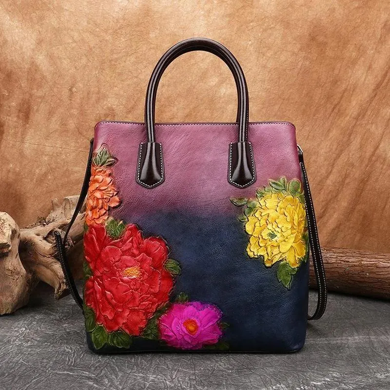 Handmade Floral Embossed Leather Handbag Tote Bag Luxury