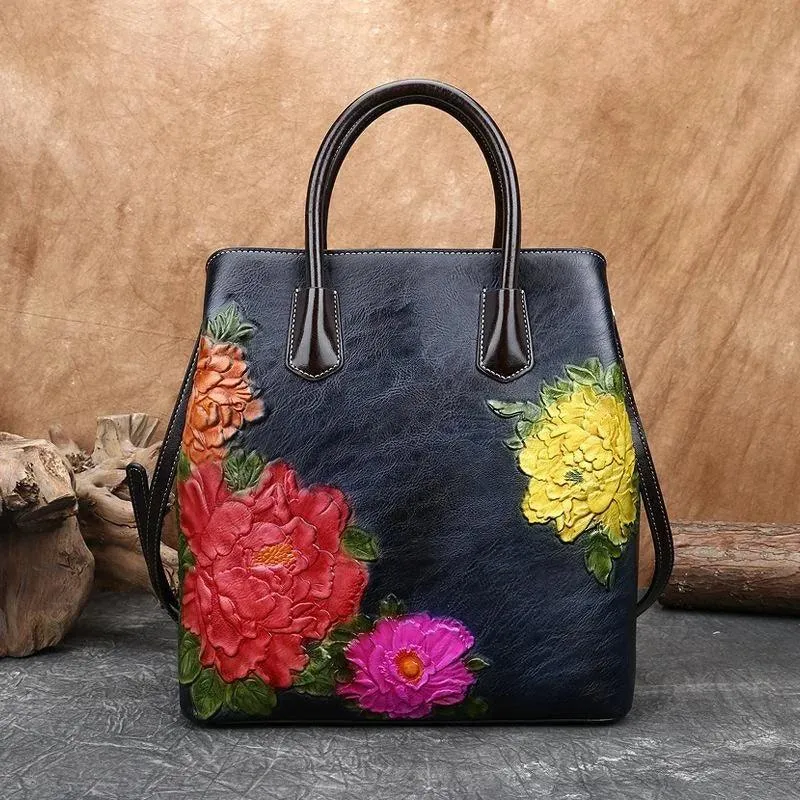 Handmade Floral Embossed Leather Handbag Tote Bag Luxury