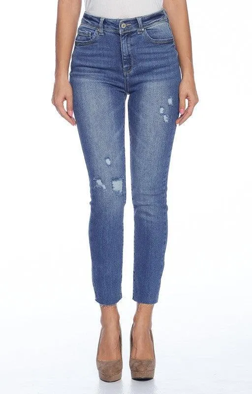 High Rise Lady Ripped Knee Straight Leg Jeans-Dark