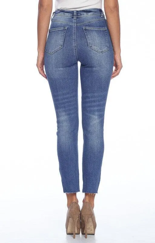 High Rise Lady Ripped Knee Straight Leg Jeans-Dark
