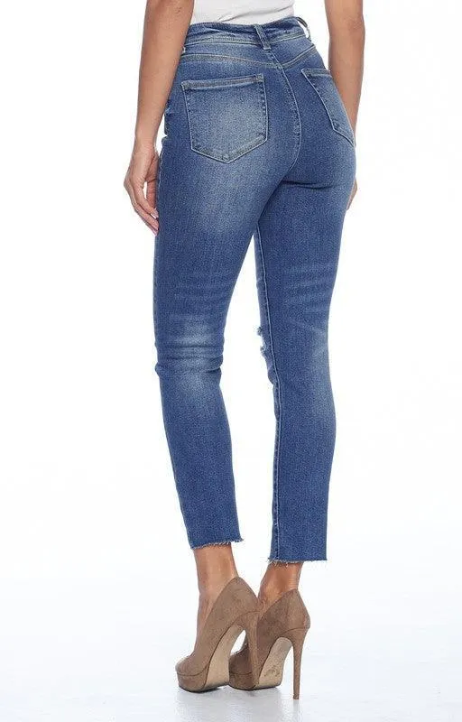 High Rise Lady Ripped Knee Straight Leg Jeans-Dark