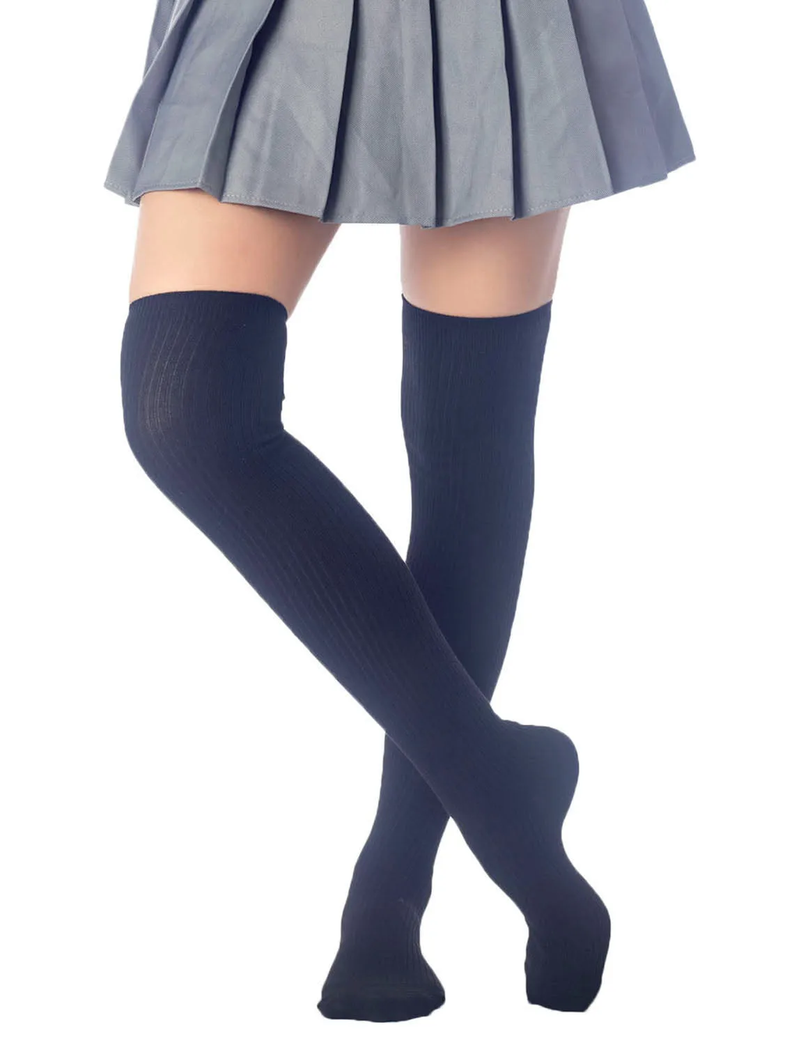iB-iP Women's Plain Pattern Stylish Solid Color Hold-up Thigh High Long Socks