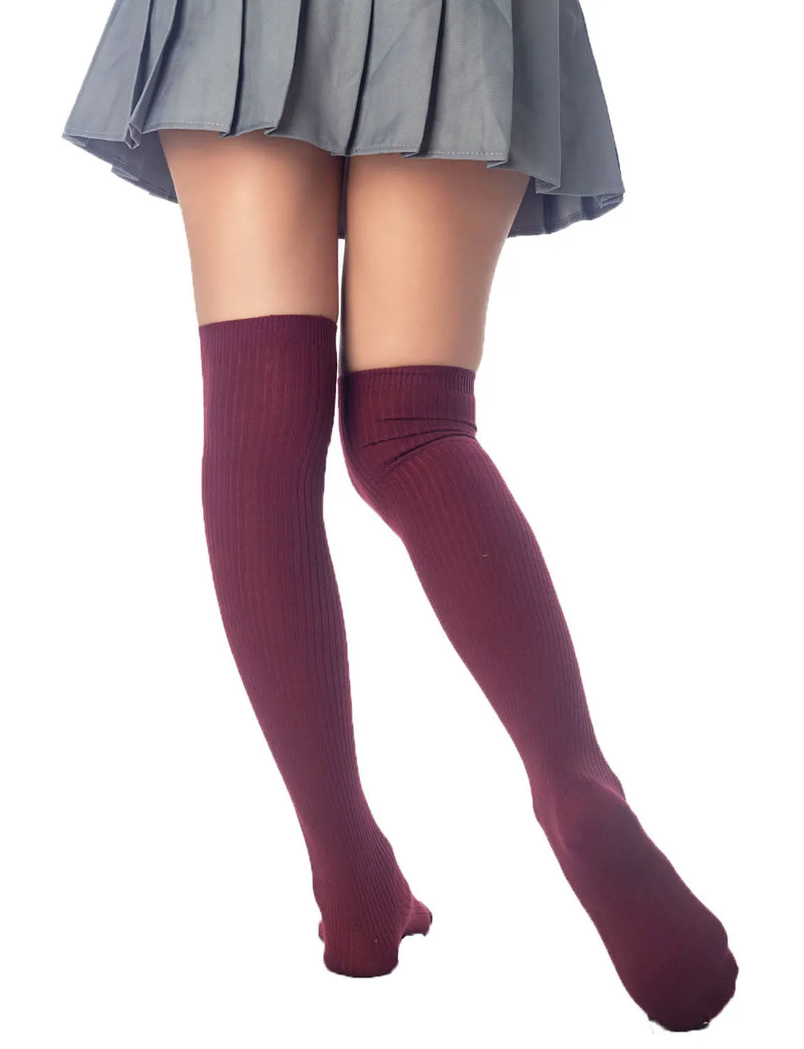 iB-iP Women's Plain Pattern Stylish Solid Color Hold-up Thigh High Long Socks